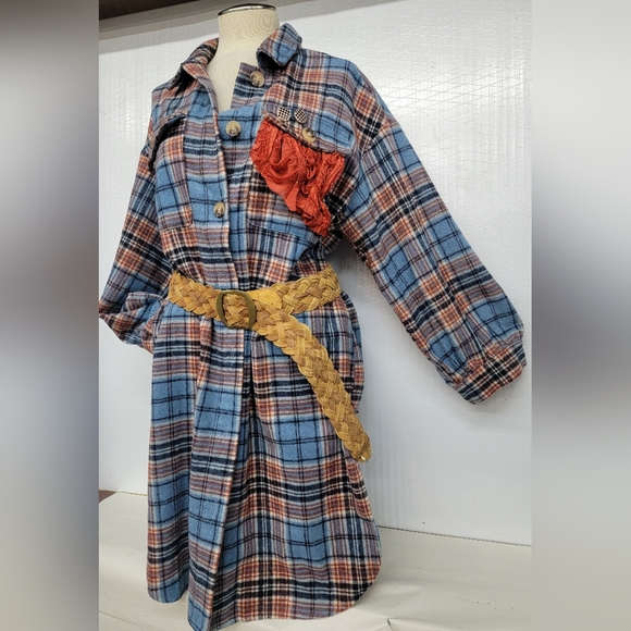 Southwest Thunderbird Flannel Plaid Long Coat Upcycled Renewed - Picture 5 of 14